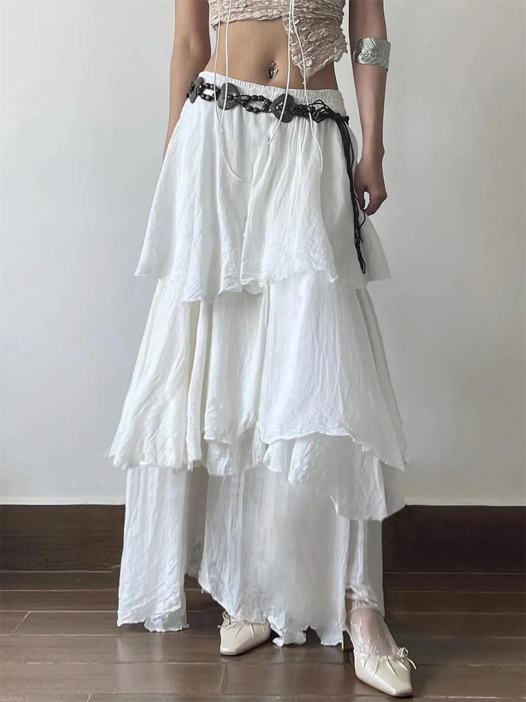 Women Elegant Multi-Layer Long Skirt Loose High Waist Skirts Vintage Outfits Holiday