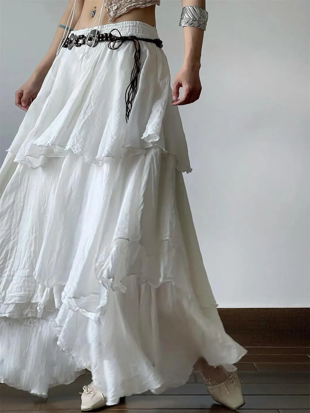 Women Elegant Multi-Layer Long Skirt Loose High Waist Skirts Vintage Outfits Holiday