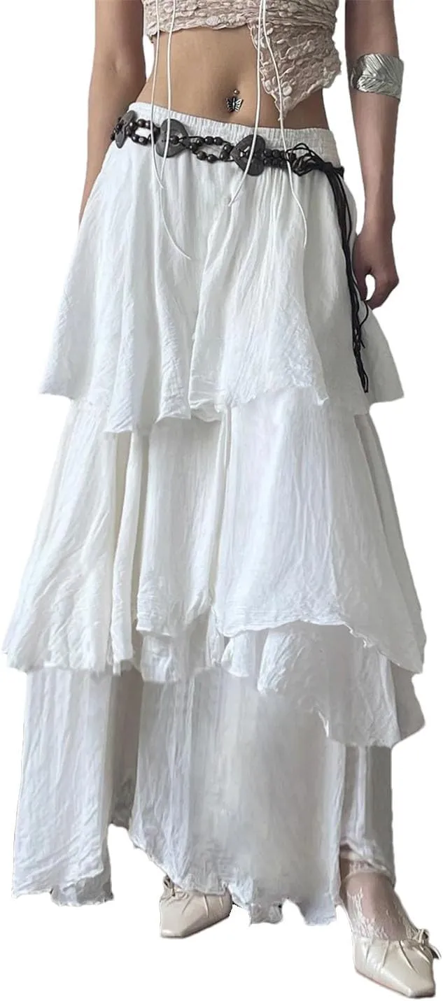 Women Elegant Multi-Layer Long Skirt Loose High Waist Skirts Vintage Outfits Holiday