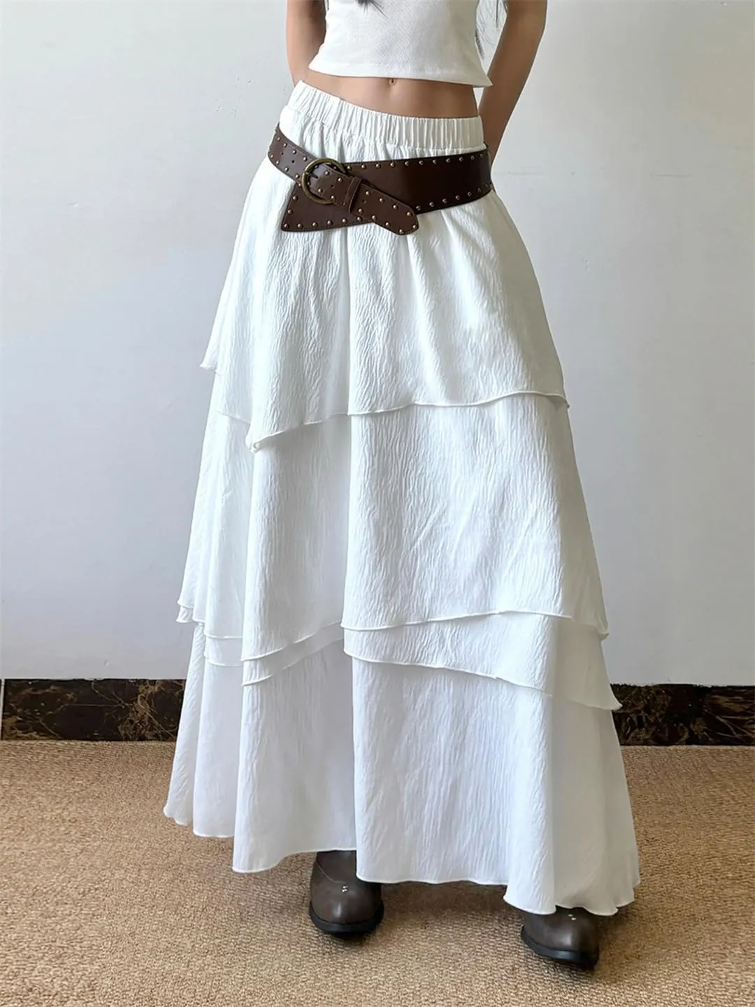 Women Elegant Multi-Layer Long Skirt Loose High Waist Skirts Vintage Outfits Holiday