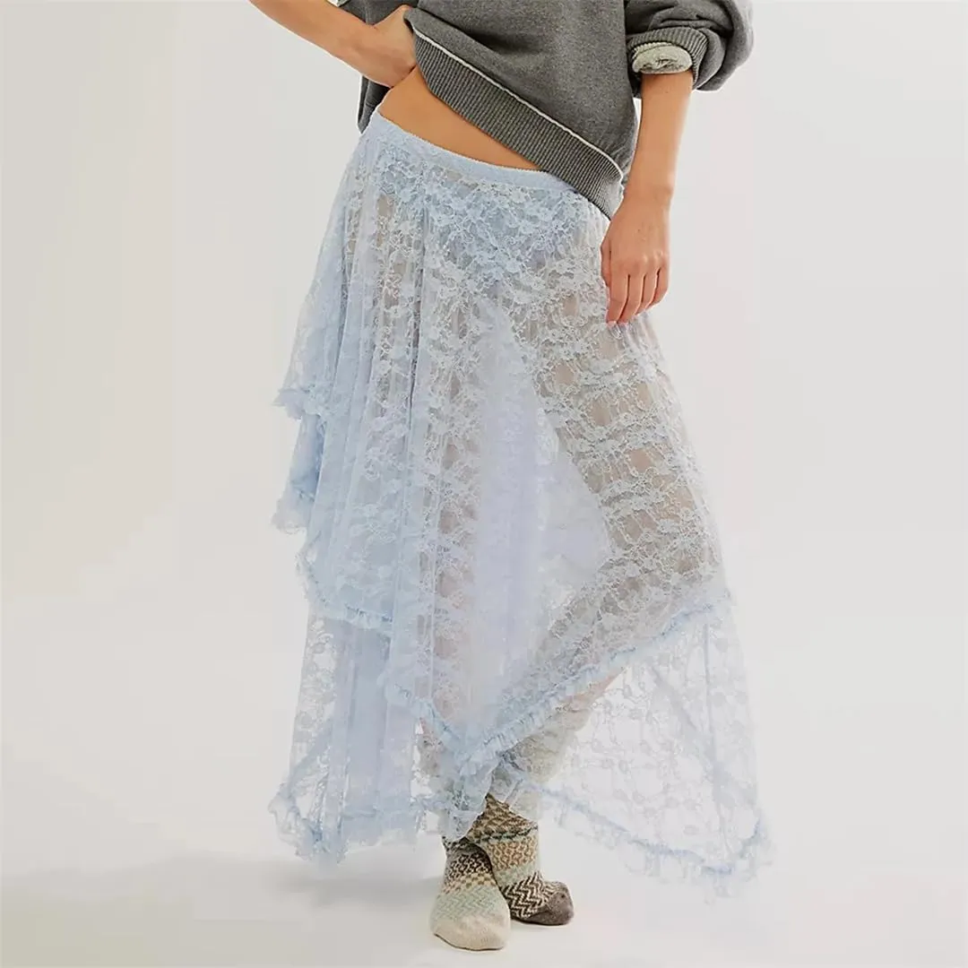 Women Floral Lace Long Skirt Y2K Elastic Waist Asymmetrical Layered Maxi Sexy See Through Flowy Beach Skirt