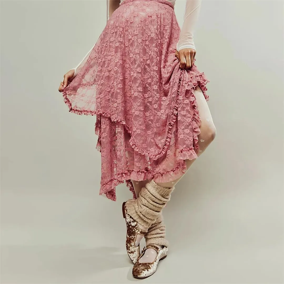 Women Floral Lace Long Skirt Y2K Elastic Waist Asymmetrical Layered Maxi Sexy See Through Flowy Beach Skirt