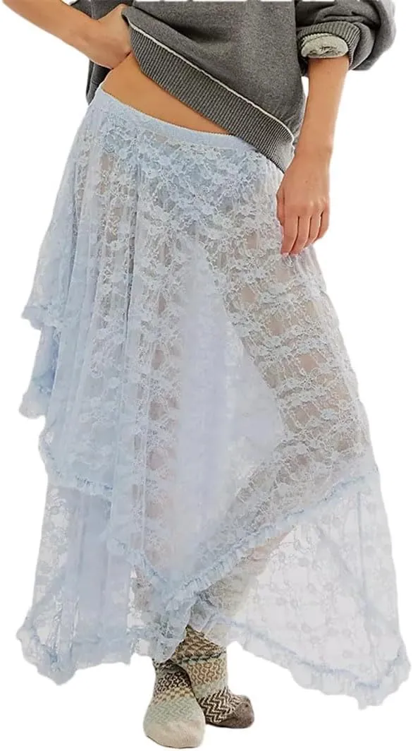 Women Floral Lace Long Skirt Y2K Elastic Waist Asymmetrical Layered Maxi Sexy See Through Flowy Beach Skirt