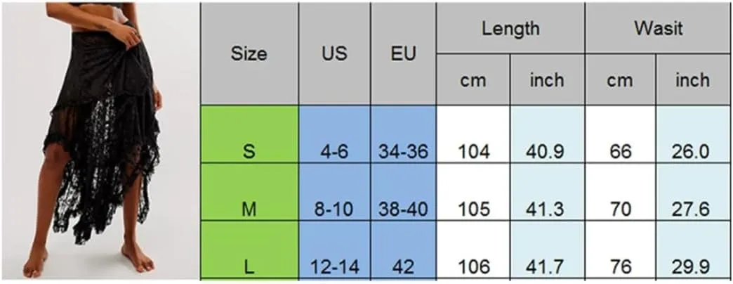 Women Floral Lace Long Skirt Y2K Elastic Waist Asymmetrical Layered Maxi Sexy See Through Flowy Beach Skirt