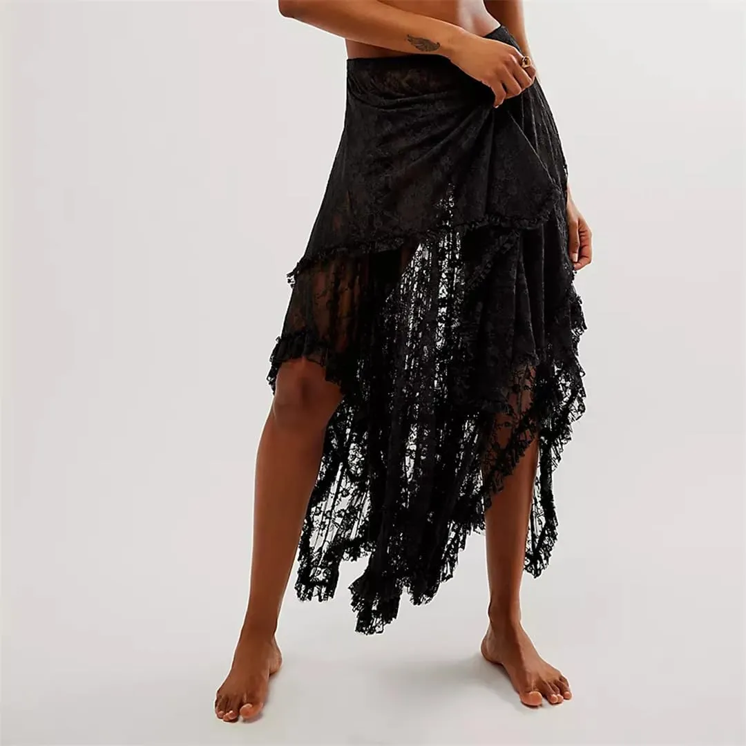 Women Floral Lace Long Skirt Y2K Elastic Waist Asymmetrical Layered Maxi Sexy See Through Flowy Beach Skirt