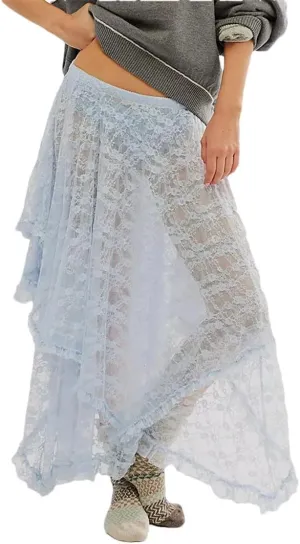 Women Floral Lace Long Skirt Y2K Elastic Waist Asymmetrical Layered Maxi Sexy See Through Flowy Beach Skirt