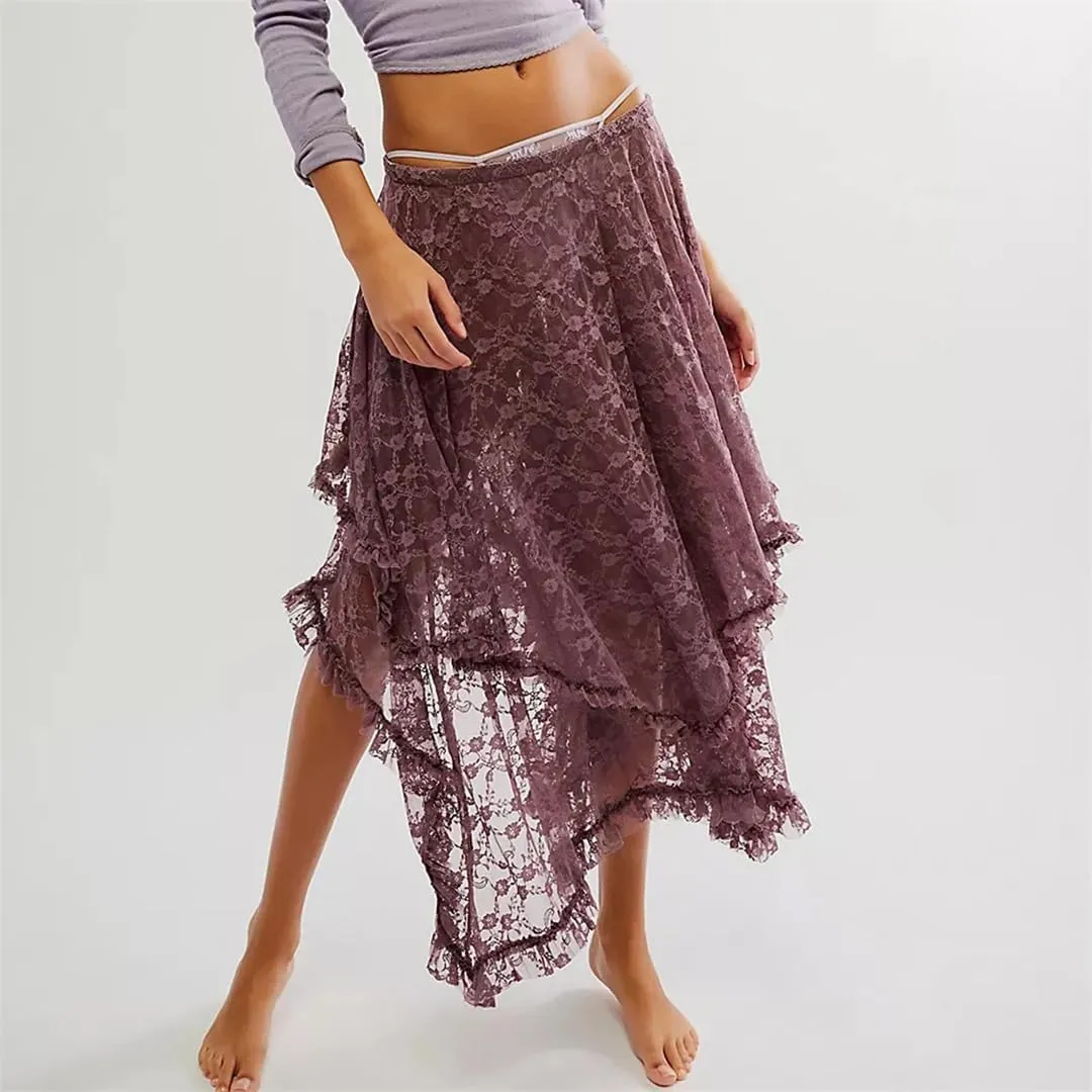 Women Floral Lace Long Skirt Y2K Elastic Waist Asymmetrical Layered Maxi Sexy See Through Flowy Beach Skirt
