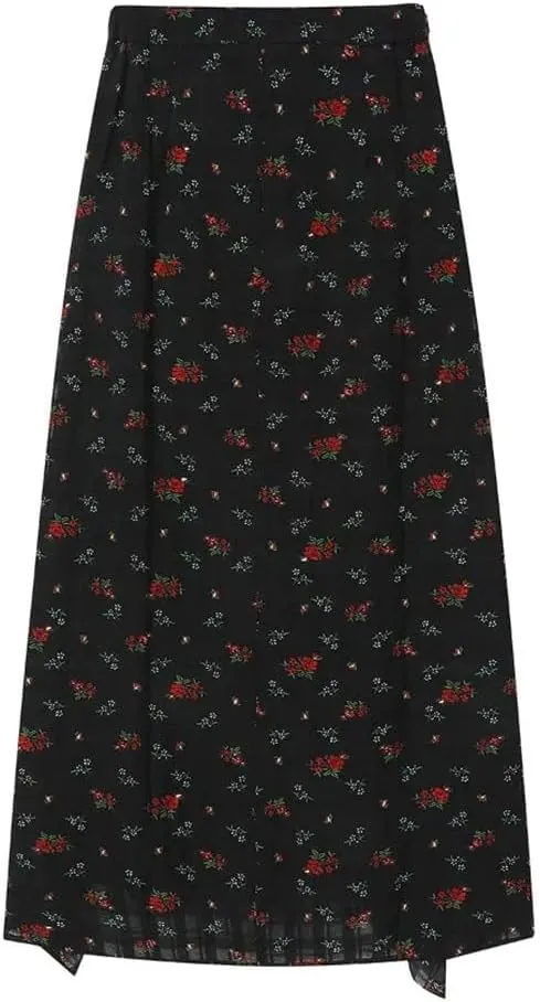 Women Floral Print Long Skirt Ruffles Side Split Red High Waisted A Line Elegant Sexy Midi Skirts