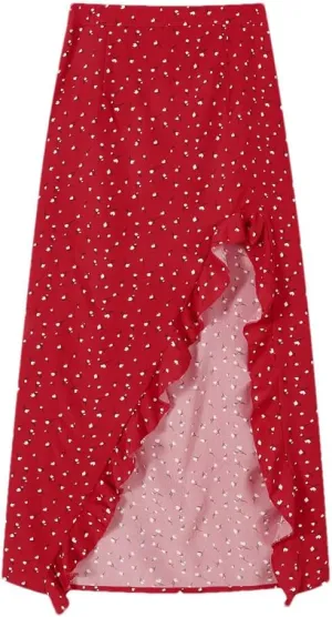 Women Floral Print Long Skirt Ruffles Side Split Red High Waisted A Line Elegant Sexy Midi Skirts