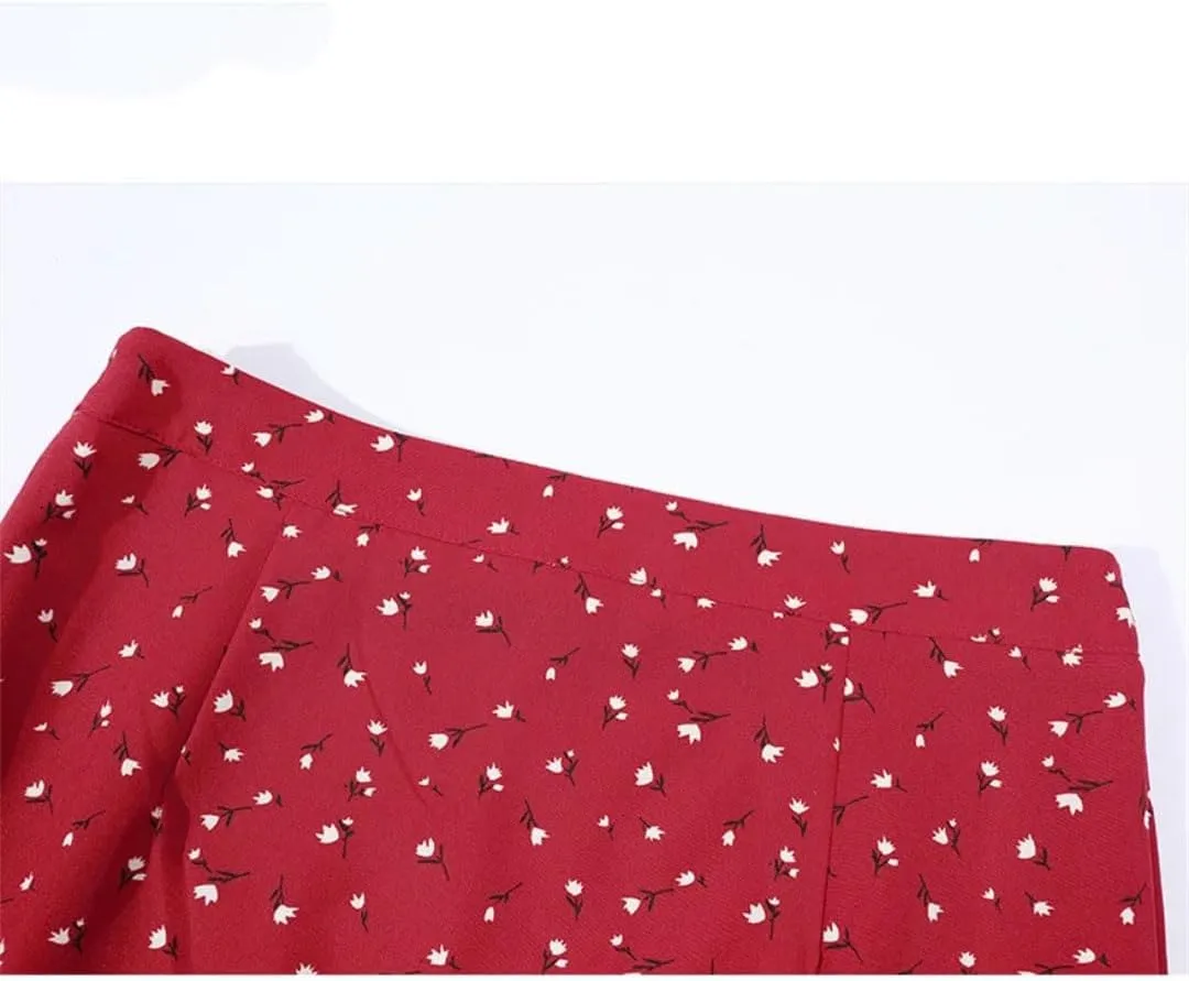Women Floral Print Long Skirt Ruffles Side Split Red High Waisted A Line Elegant Sexy Midi Skirts