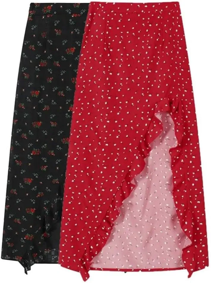 Women Floral Print Long Skirt Ruffles Side Split Red High Waisted A Line Elegant Sexy Midi Skirts