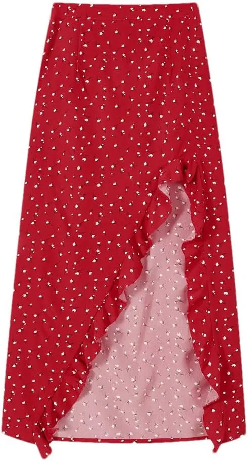Women Floral Print Long Skirt Ruffles Side Split Red High Waisted A Line Elegant Sexy Midi Skirts