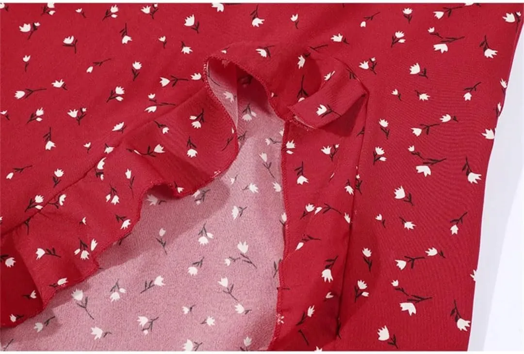 Women Floral Print Long Skirt Ruffles Side Split Red High Waisted A Line Elegant Sexy Midi Skirts