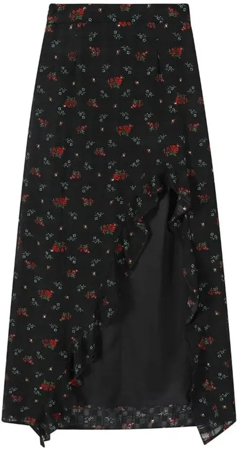 Women Floral Print Long Skirt Ruffles Side Split Red High Waisted A Line Elegant Sexy Midi Skirts