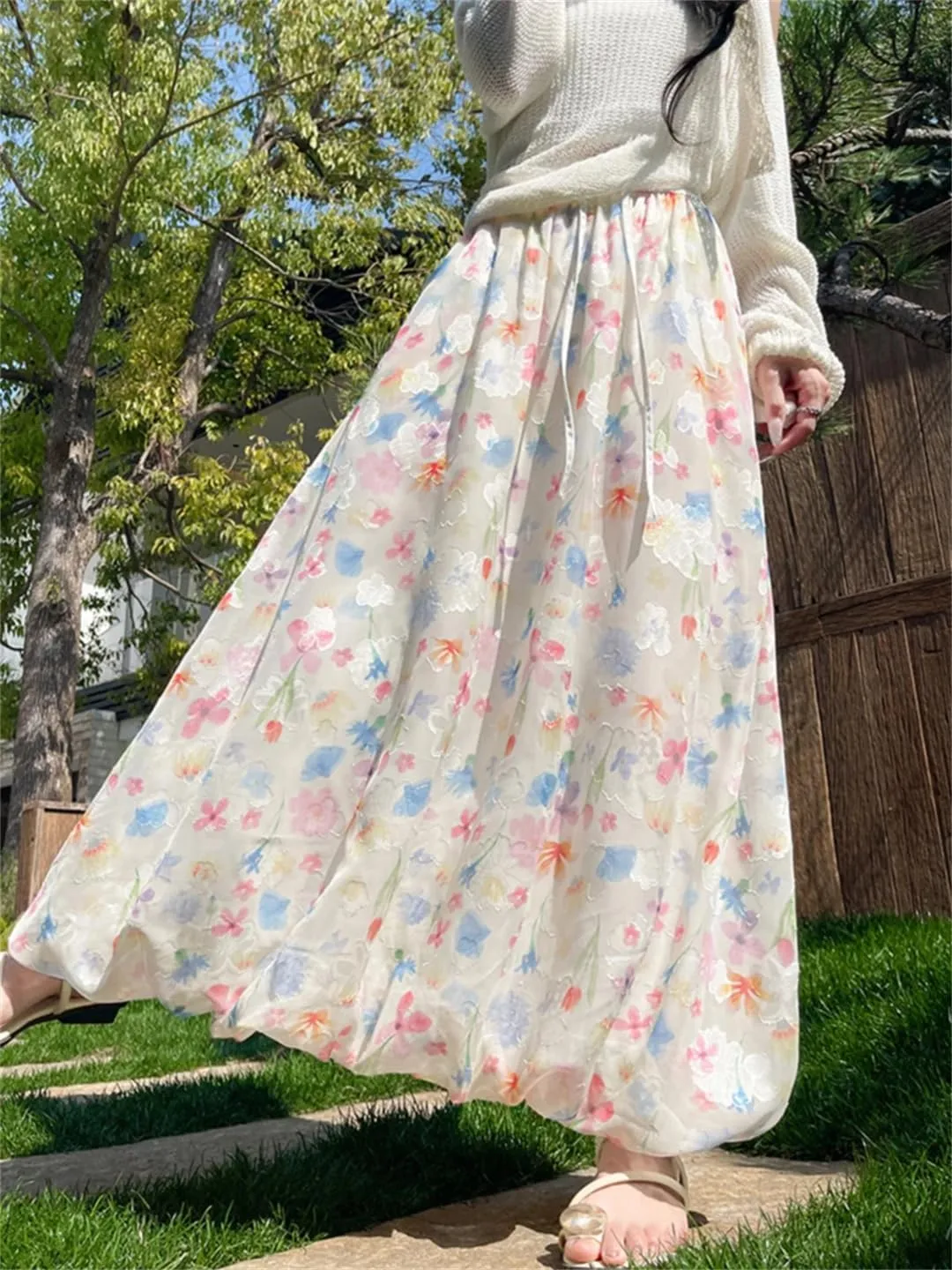 Women Flower Bud Fluffy Skirt French Gentle Style Floral High Waist Loose A-Line Long Skirt