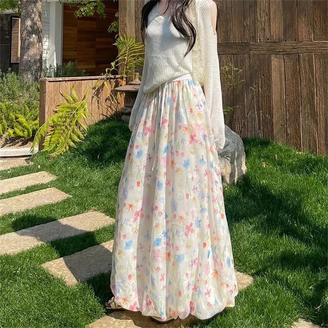 Women Flower Bud Fluffy Skirt French Gentle Style Floral High Waist Loose A-Line Long Skirt