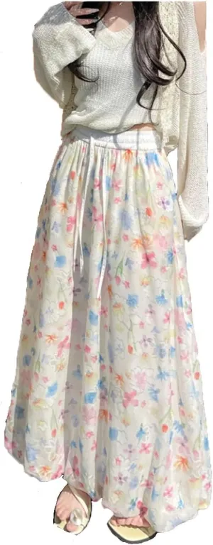 Women Flower Bud Fluffy Skirt French Gentle Style Floral High Waist Loose A-Line Long Skirt