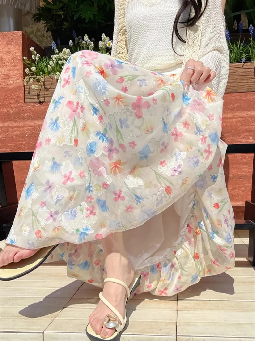 Women Flower Bud Fluffy Skirt French Gentle Style Floral High Waist Loose A-Line Long Skirt