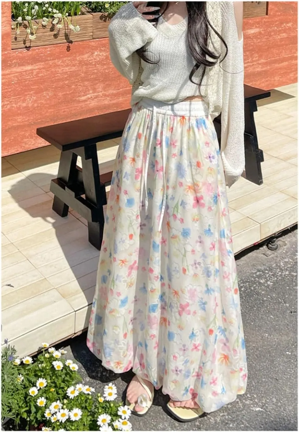 Women Flower Bud Fluffy Skirt French Gentle Style Floral High Waist Loose A-Line Long Skirt
