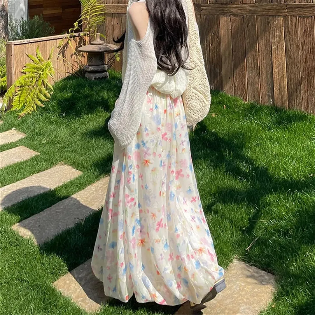 Women Flower Bud Fluffy Skirt French Gentle Style Floral High Waist Loose A-Line Long Skirt