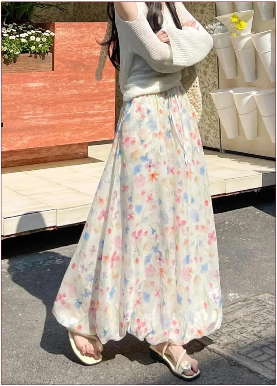 Women Flower Bud Fluffy Skirt French Gentle Style Floral High Waist Loose A-Line Long Skirt