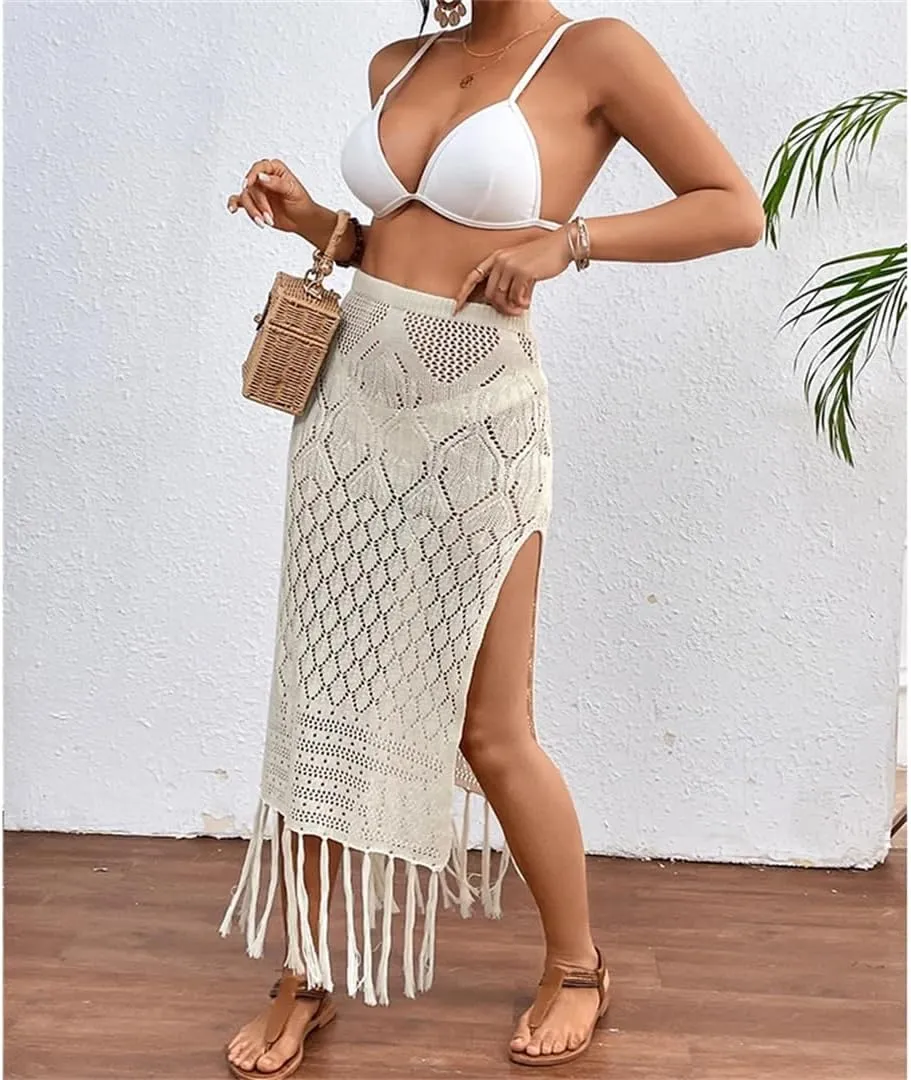 Women Knitted Texture Sarong Skirts Sexy High Slit Tassel Cover-Up Beach Vacation Wrapped Skirt