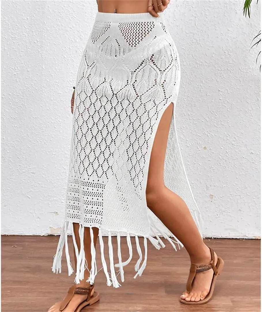 Women Knitted Texture Sarong Skirts Sexy High Slit Tassel Cover-Up Beach Vacation Wrapped Skirt