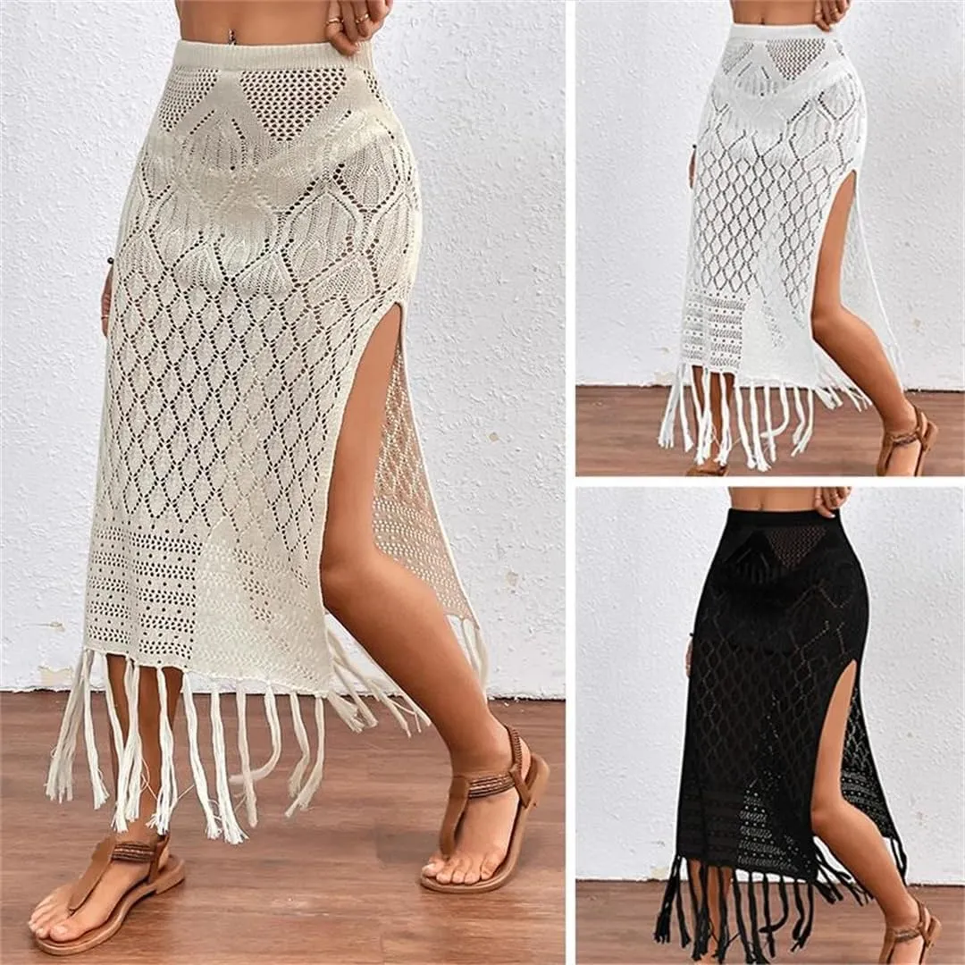 Women Knitted Texture Sarong Skirts Sexy High Slit Tassel Cover-Up Beach Vacation Wrapped Skirt