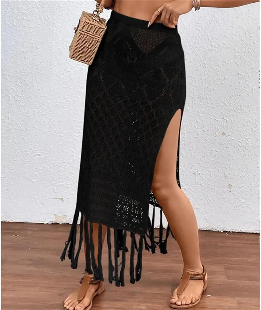 Women Knitted Texture Sarong Skirts Sexy High Slit Tassel Cover-Up Beach Vacation Wrapped Skirt