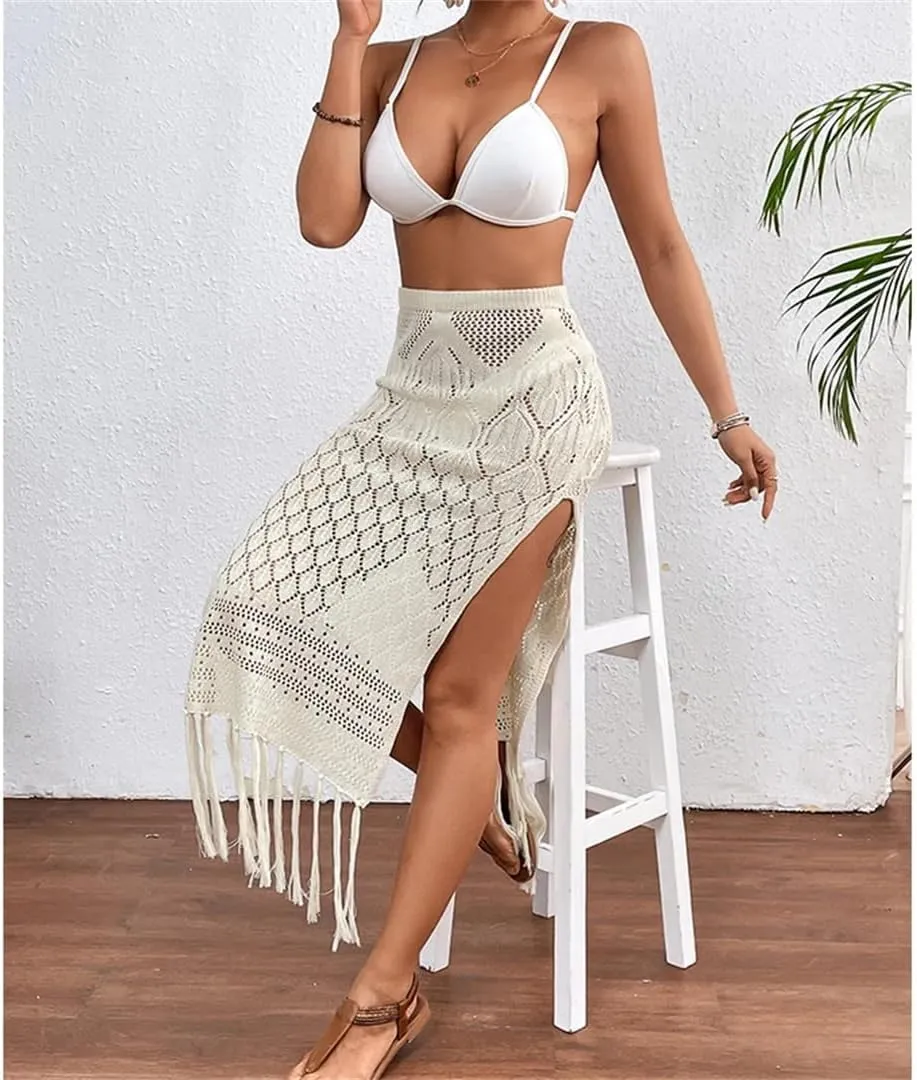 Women Knitted Texture Sarong Skirts Sexy High Slit Tassel Cover-Up Beach Vacation Wrapped Skirt