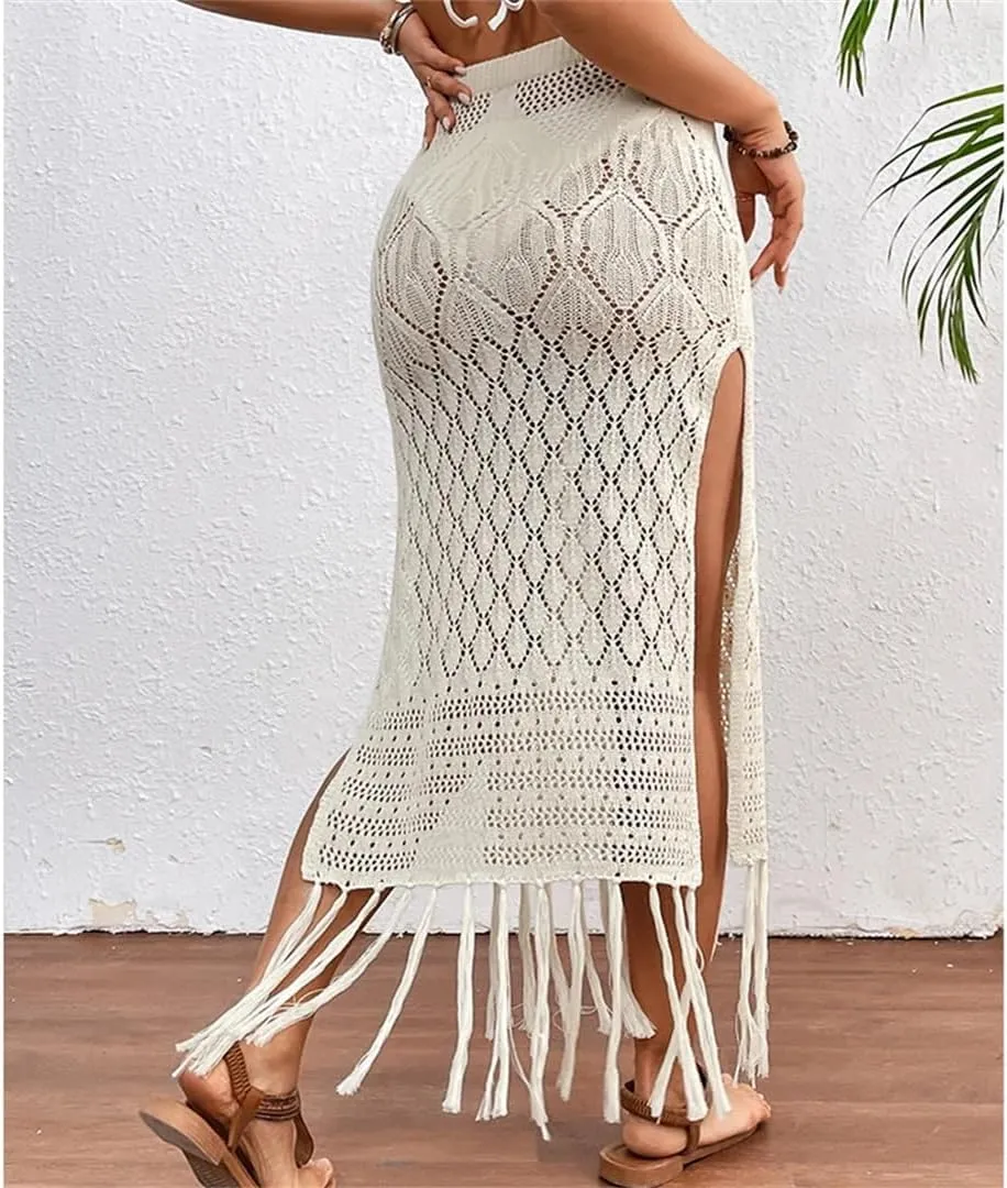 Women Knitted Texture Sarong Skirts Sexy High Slit Tassel Cover-Up Beach Vacation Wrapped Skirt