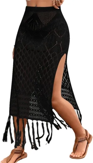 Women Knitted Texture Sarong Skirts Sexy High Slit Tassel Cover-Up Beach Vacation Wrapped Skirt