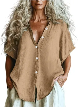 Women Linen Button Down Short Sleeve Lapel Collar Blouse Ladies Summer Casual Dressy V Neck Beach Cotton Shirt Tops