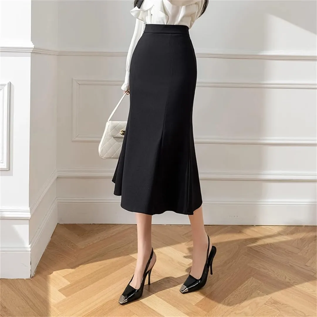 Women Office Work Trumpet Skirt Korean Style Casual Slim Mid-Long Skirt