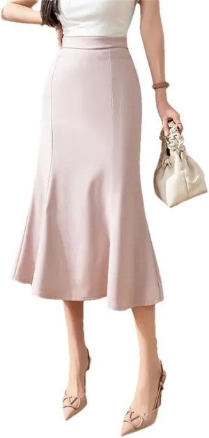 Women Office Work Trumpet Skirt Korean Style Casual Slim Mid-Long Skirt
