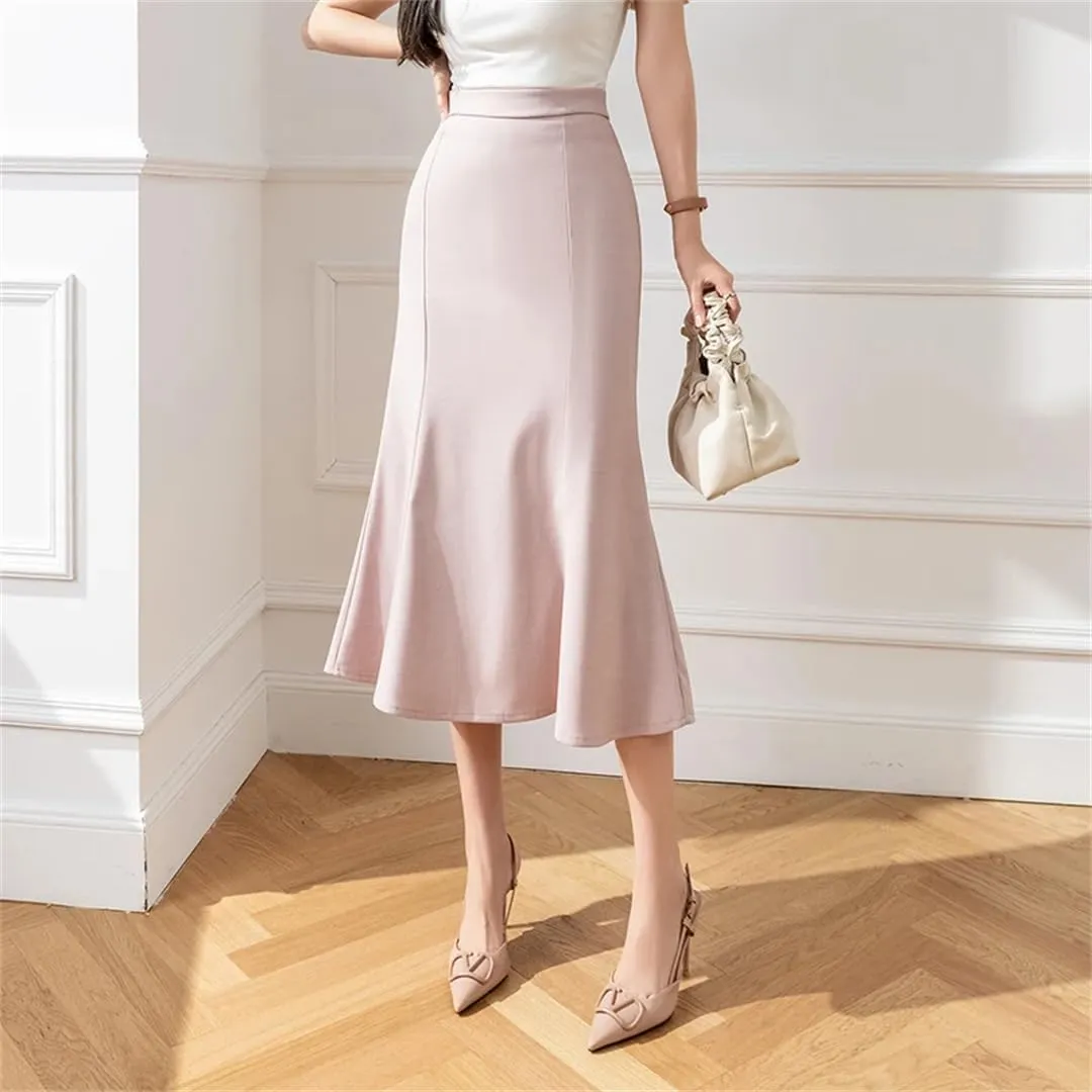 Women Office Work Trumpet Skirt Korean Style Casual Slim Mid-Long Skirt