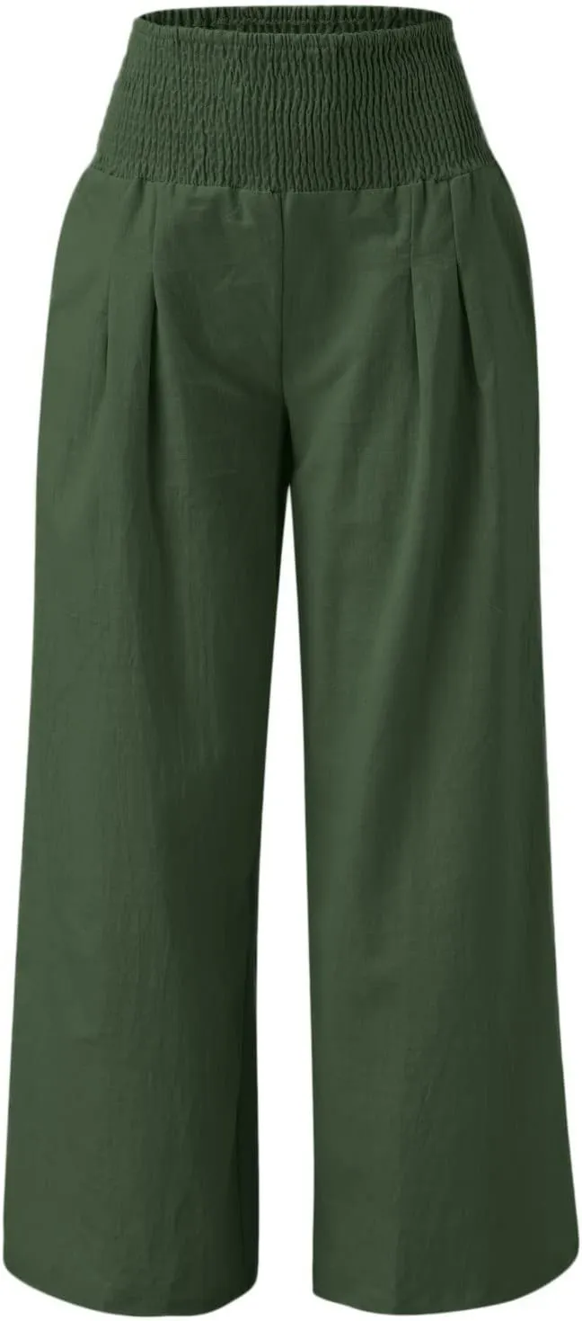 Women Trousers High Waisted Straight Long Wide Leg Casual Loose Fit Pants Palazzo Linen Lounge Trouser with Pockets