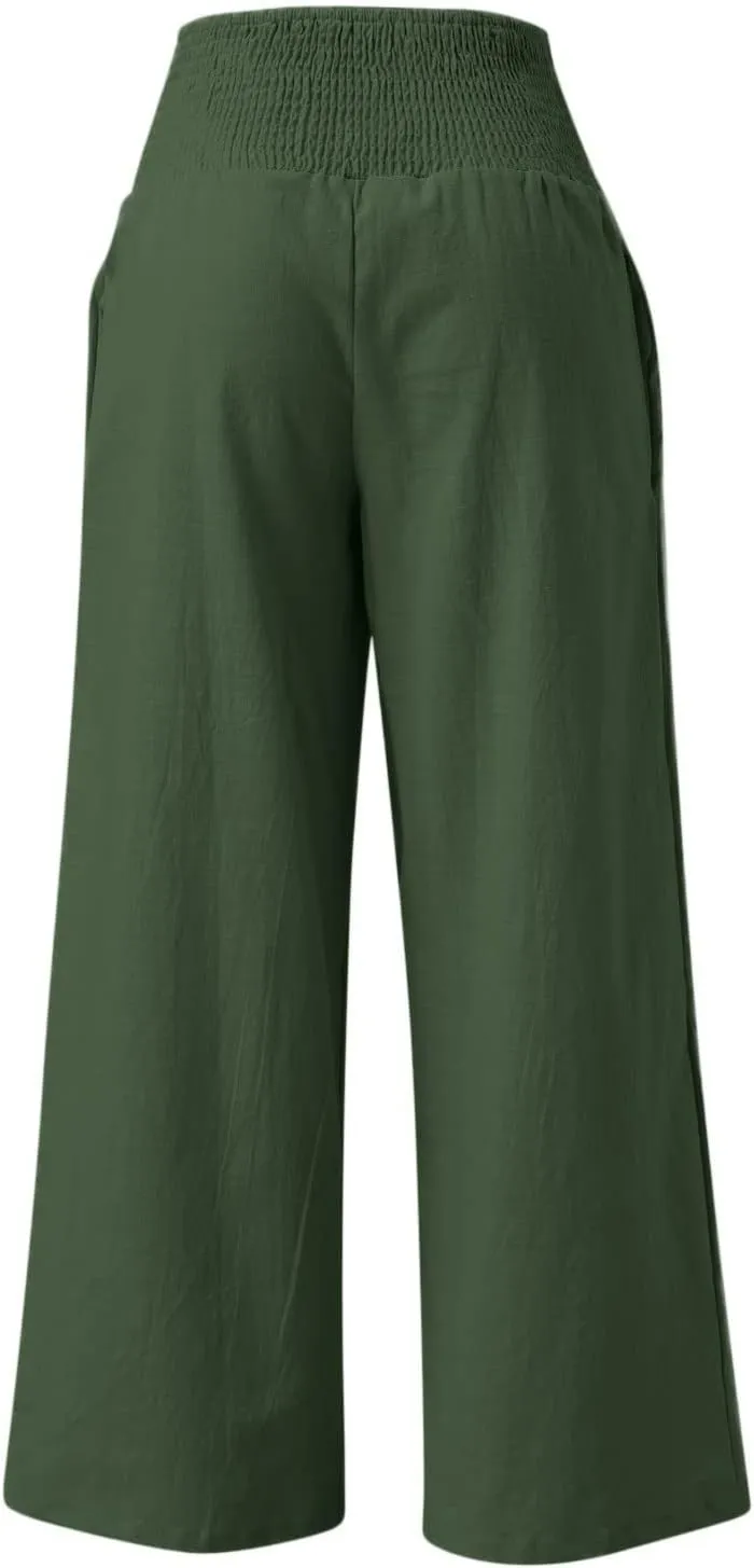 Women Trousers High Waisted Straight Long Wide Leg Casual Loose Fit Pants Palazzo Linen Lounge Trouser with Pockets