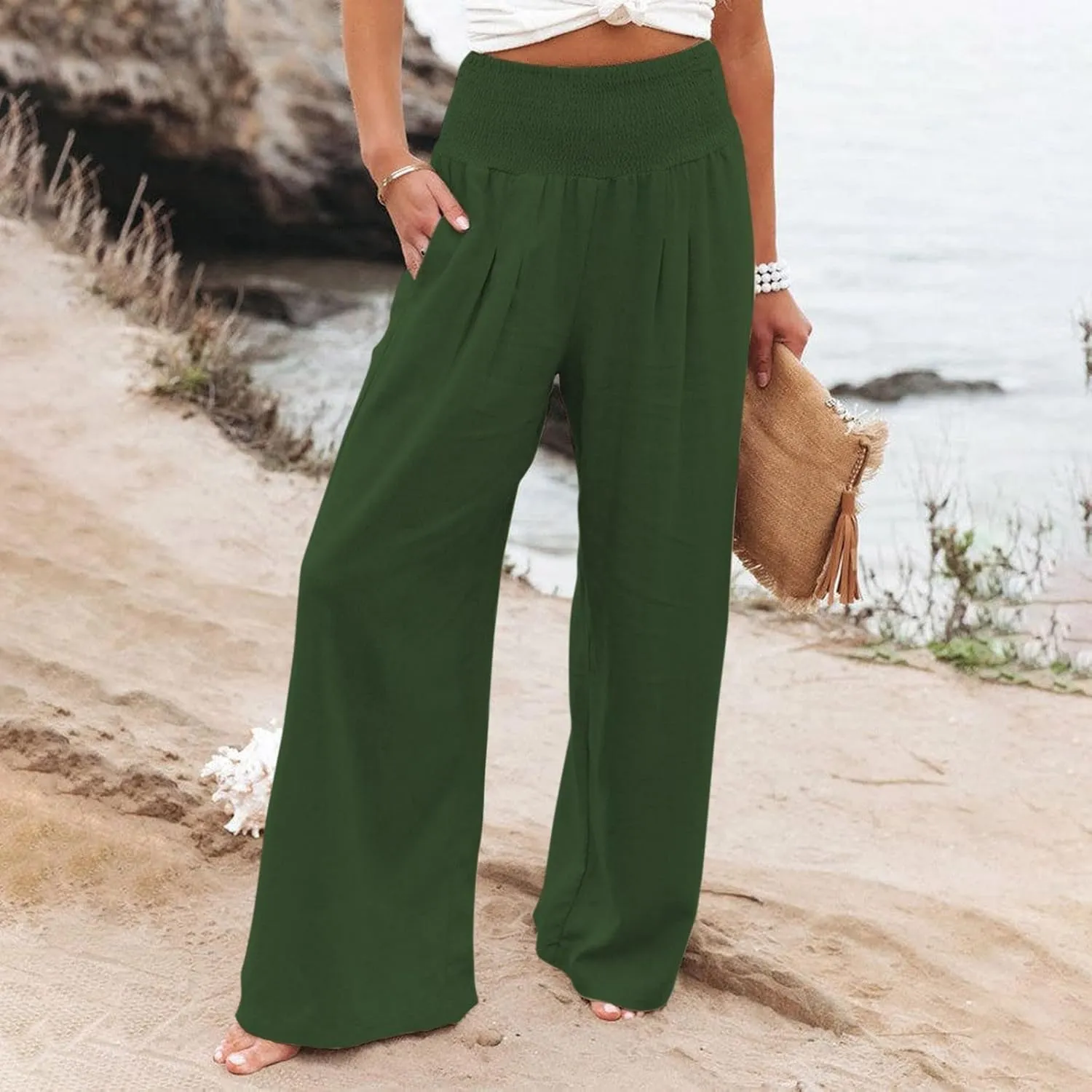 Women Trousers High Waisted Straight Long Wide Leg Casual Loose Fit Pants Palazzo Linen Lounge Trouser with Pockets