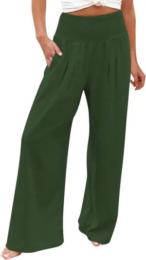 Women Trousers High Waisted Straight Long Wide Leg Casual Loose Fit Pants Palazzo Linen Lounge Trouser with Pockets