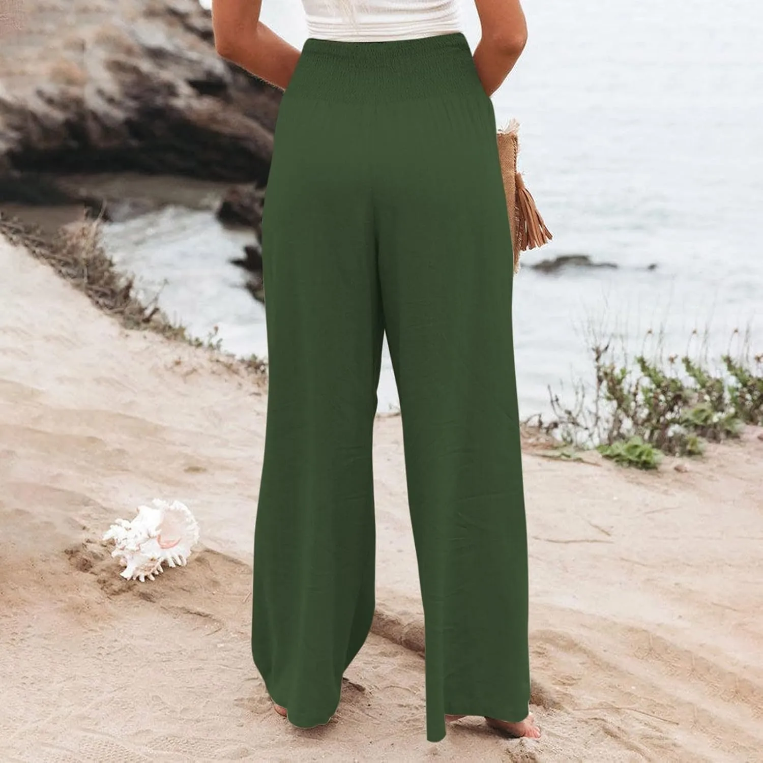 Women Trousers High Waisted Straight Long Wide Leg Casual Loose Fit Pants Palazzo Linen Lounge Trouser with Pockets