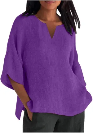 Women's 3/4 Sleeve Cotton Linen Top Summer Solid Color Notched Neck T-Shirt Vintage Shirts Casual Loose Comfy Blouse