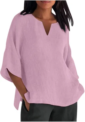 Women's 3/4 Sleeve Cotton Linen Top Summer Solid Color Notched Neck T-Shirt Vintage Shirts Casual Loose Comfy Blouse