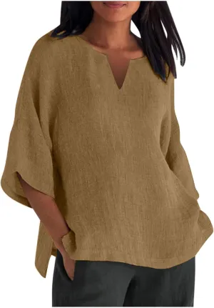 Women's 3/4 Sleeve Cotton Linen Top Summer Solid Color Notched Neck T-Shirt Vintage Shirts Casual Loose Comfy Blouse