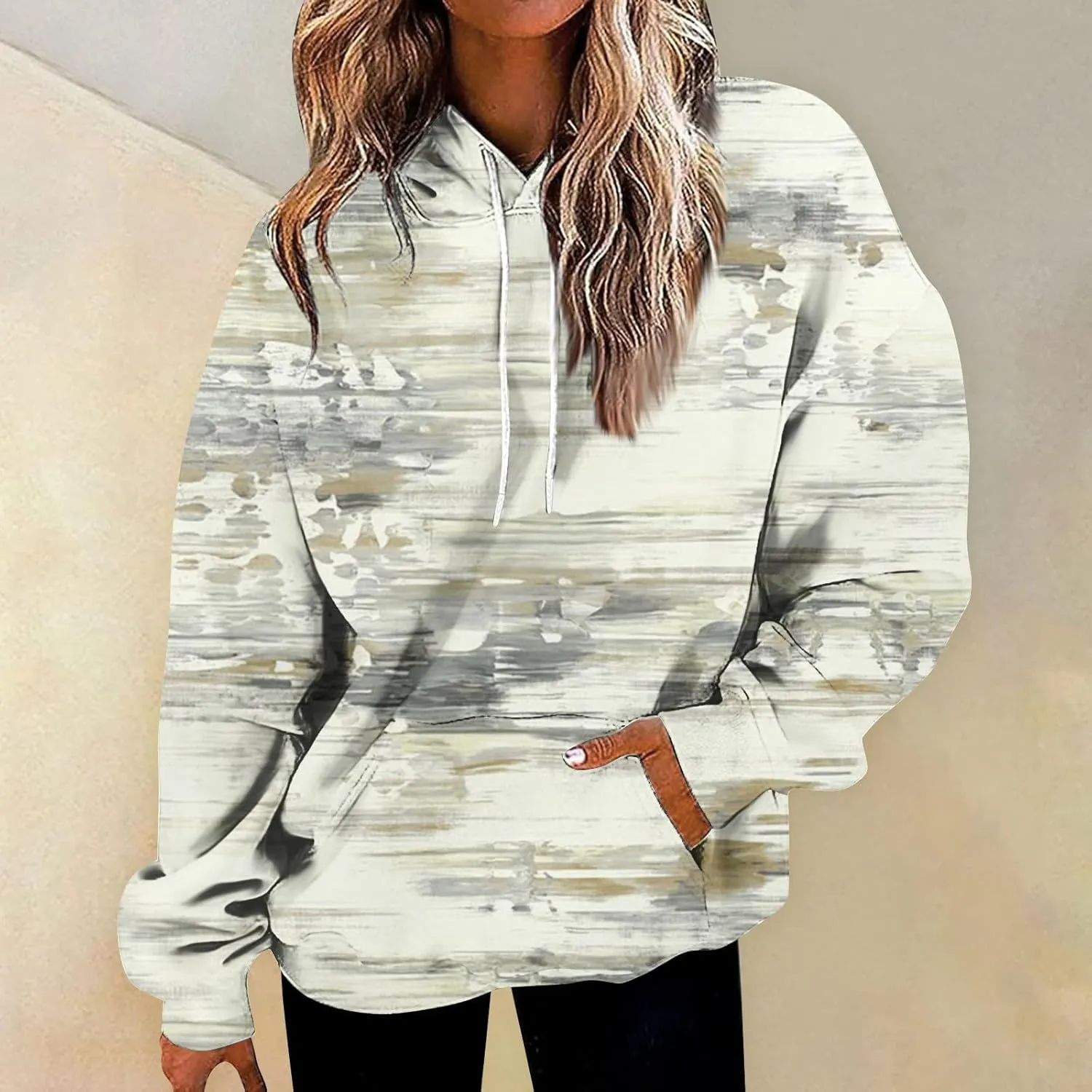 Womens Autumn Sweatshirts 2023 Casual Ethnic Style Print Hooded Tops Long Sleeve Loose Fit Vintage Sweatshirt