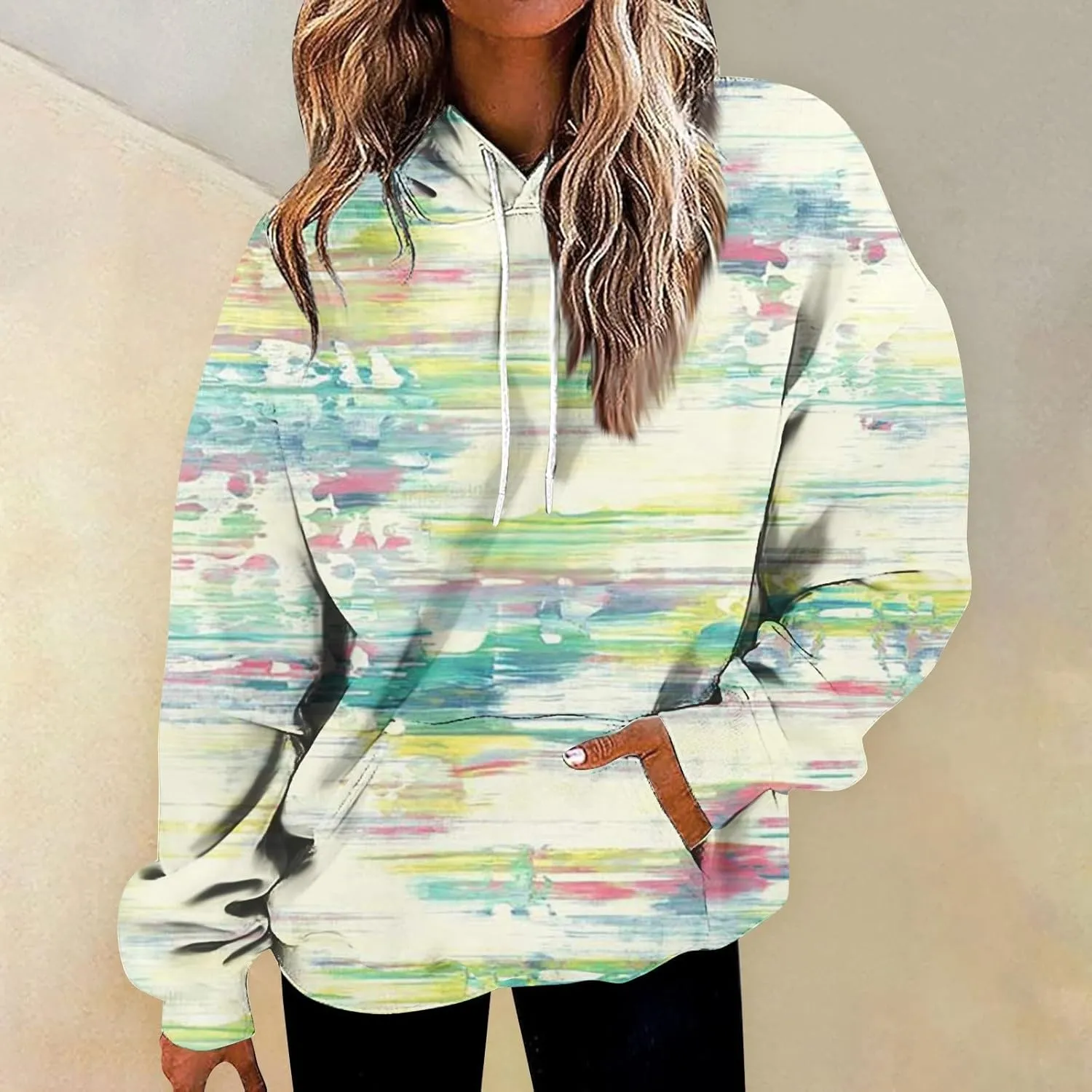 Womens Autumn Sweatshirts 2023 Casual Ethnic Style Print Hooded Tops Long Sleeve Loose Fit Vintage Sweatshirt
