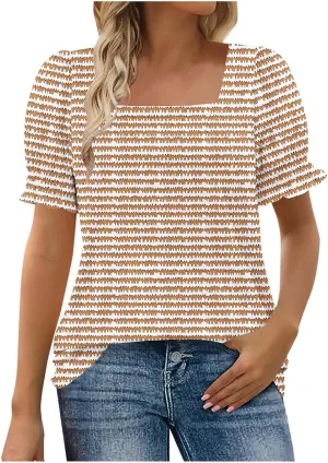 Womens Blouses Casual Trendy Square Neck Short Sleeve Printed Soft Tees Loose Lightweight Summer Lounge Hiking Shirts