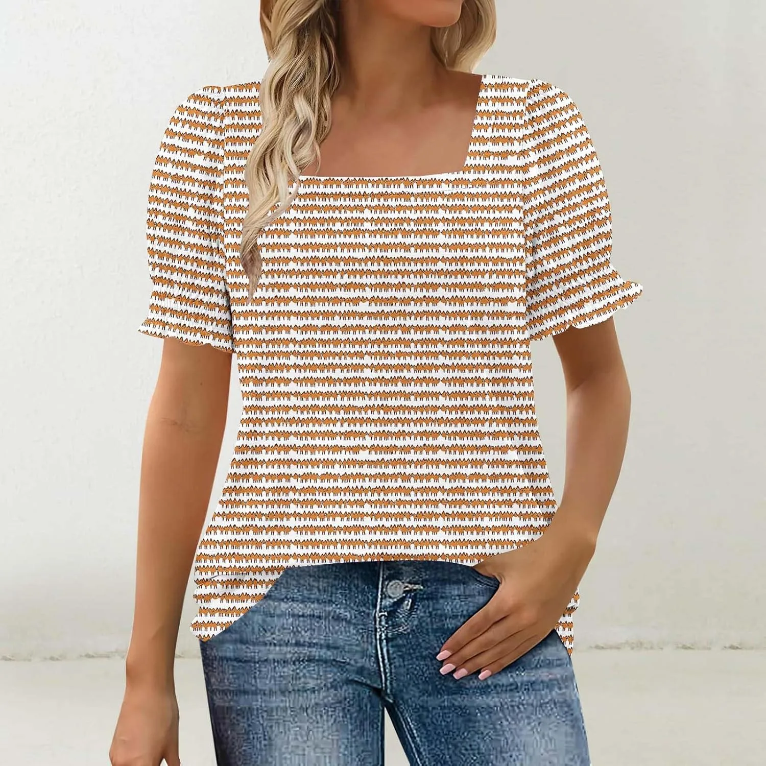 Womens Blouses Casual Trendy Square Neck Short Sleeve Printed Soft Tees Loose Lightweight Summer Lounge Hiking Shirts