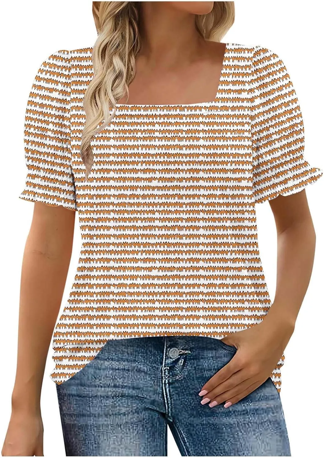 Womens Blouses Casual Trendy Square Neck Short Sleeve Printed Soft Tees Loose Lightweight Summer Lounge Hiking Shirts