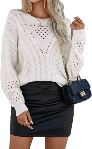 Women's Cable Knit Drop Shoulder Sweater Loose Oversized Chunky Knitted Pullover Sweater Jumper Tops Classic-Fit (Color : White, Size : Medium)